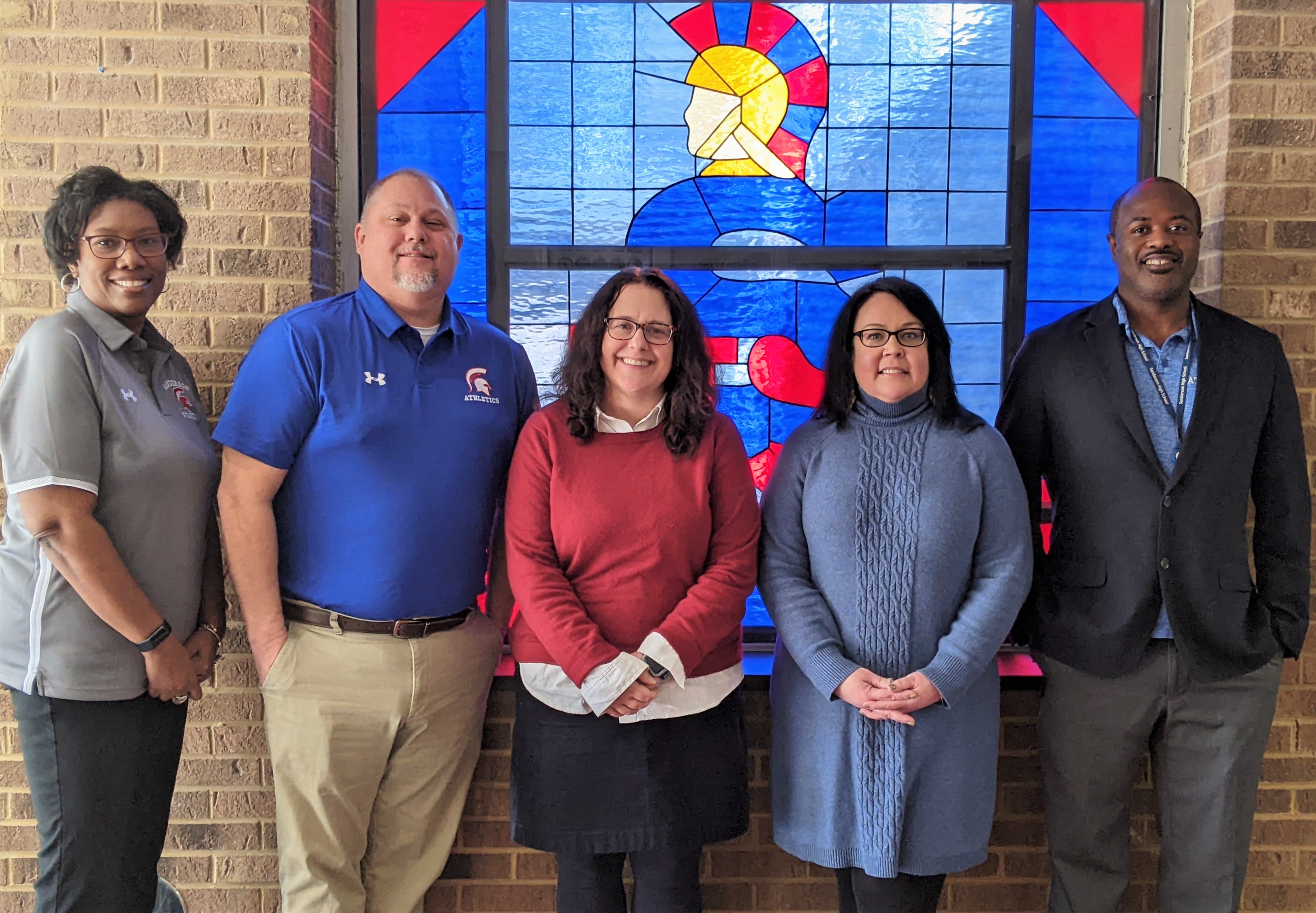 Photo of Admin team. Pictured from left to right are Ms. Carter, Mr. Ausley, Ms. Drouhard, Ms. Pendergraft, and Mr. Brown.