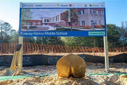 A golden shovel sits where the new Fuquay-Varina Middle School will be built