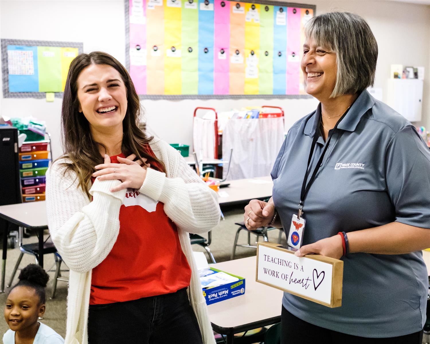 Rachel Giddings reacts to winning the Elemetary School Diane Kent Parker First Year Teacher Award 