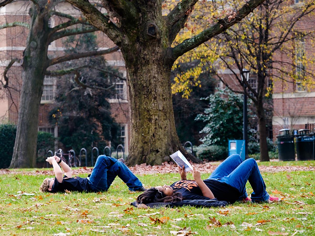 Photo of students reading in the grass under a large tree.