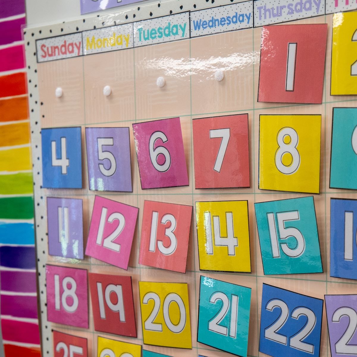  A colorful calendar display in a classroom