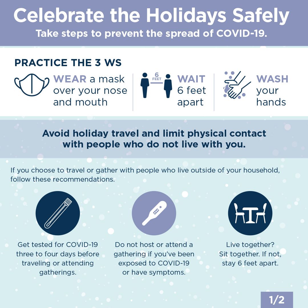  Celebrate the Holidays Safely flyer. Practice the 3 Ws. Limit physical contact and gatherings.