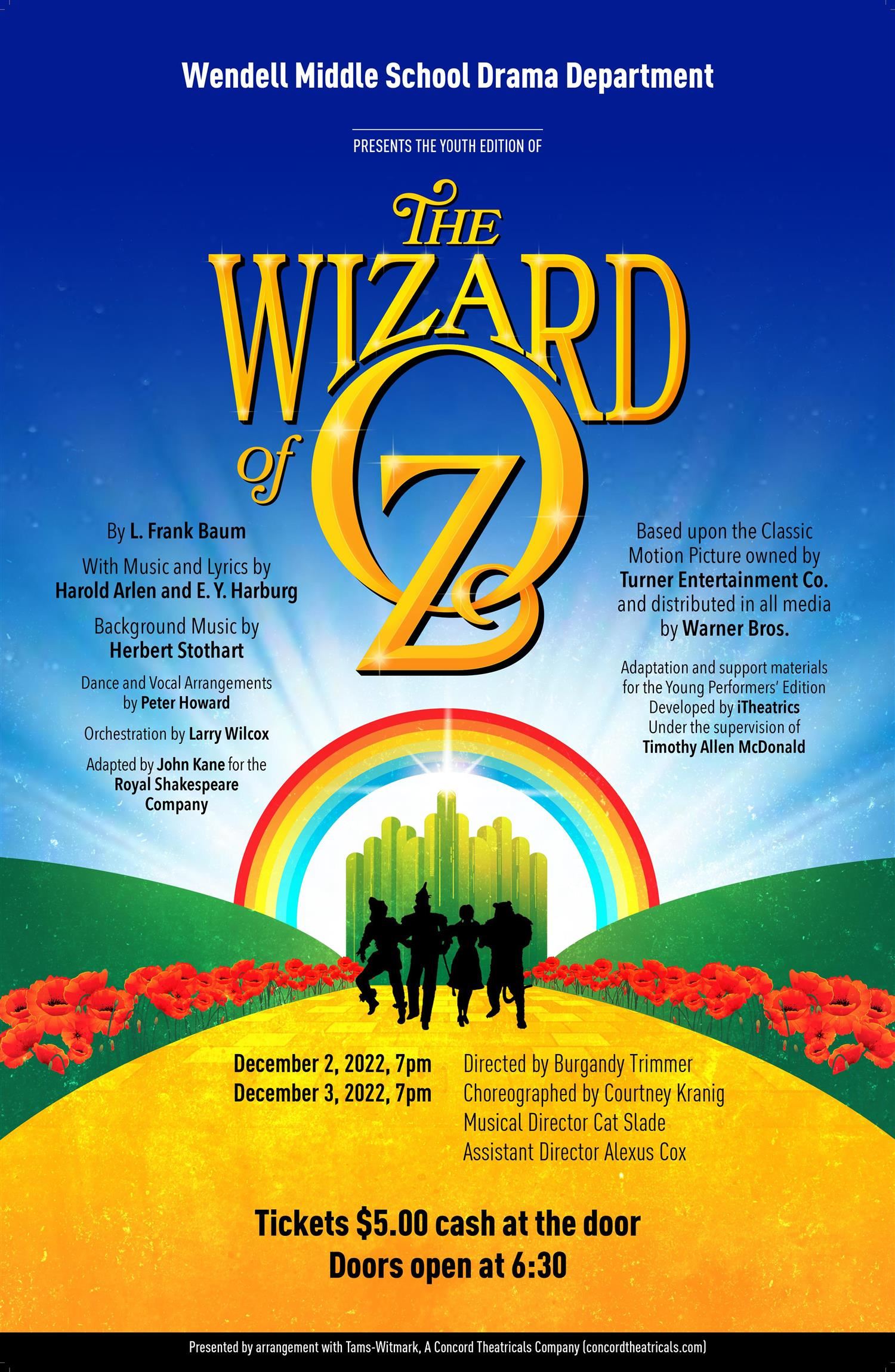 Image shows Wizard of Oz graphic of emerald city. It includes text with information about playwrights and show times. Image shows Wizard of Oz graphic of emerald city. It includes text with information about playwrights and show times.