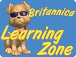 Britannica Learning Zone yellow words in a Blue square with puppy wearing glasses 