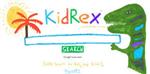 Hand drawn dinosaur, sun and palm tree displaying KidRex, Safe search for kids, by Kids with kids & parents links 