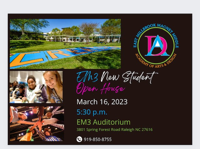  6th Grade Orientation at East Millbrook Middle School on March 16 at 5:30pm