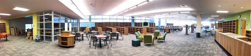 The media center at the new Apex-Friendship High is designed as a collaborative working space. 