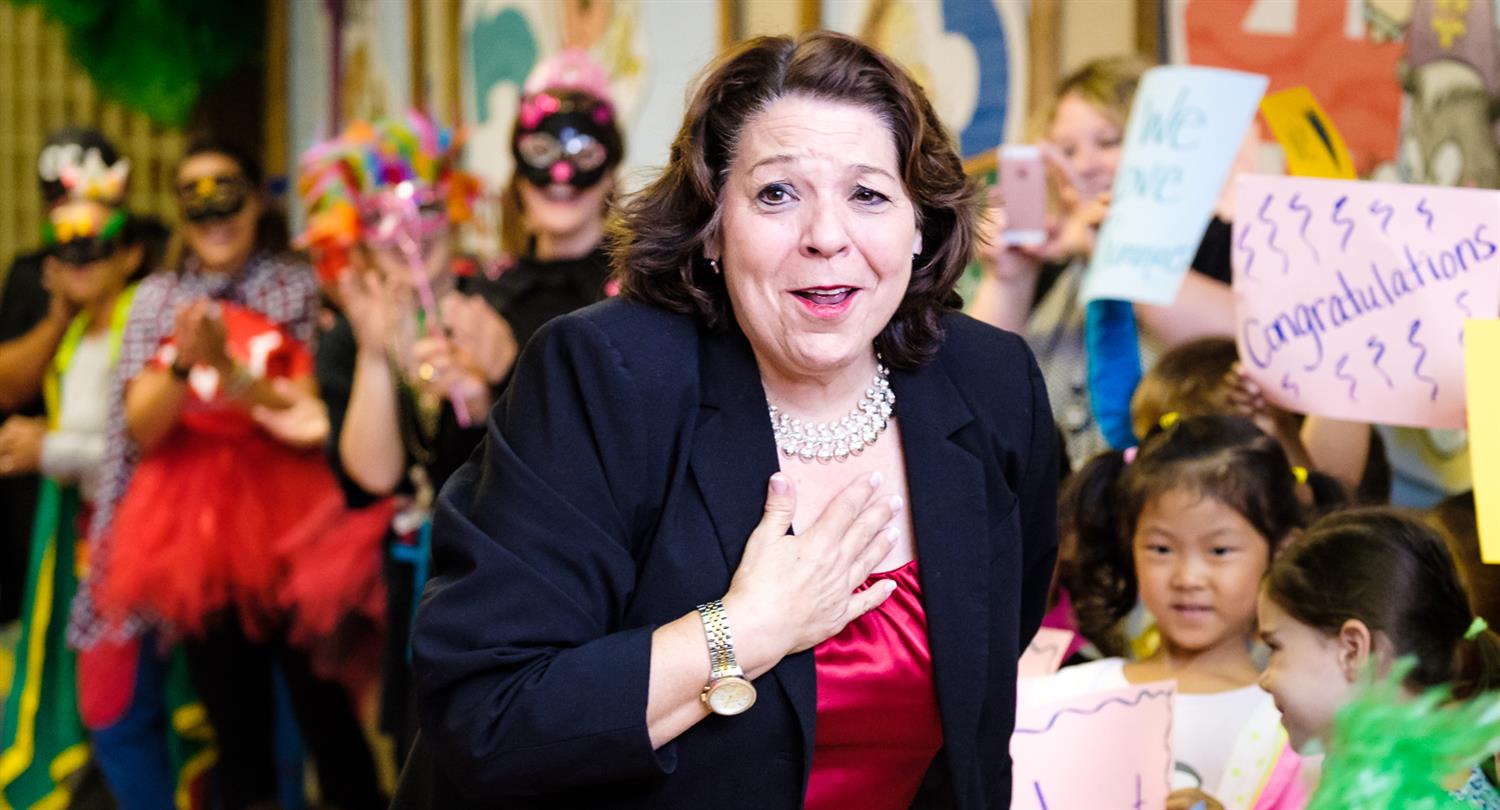 2016 Principal of the Year Muriel Summers reacting to the surprise celebration at Combs Elementary. 