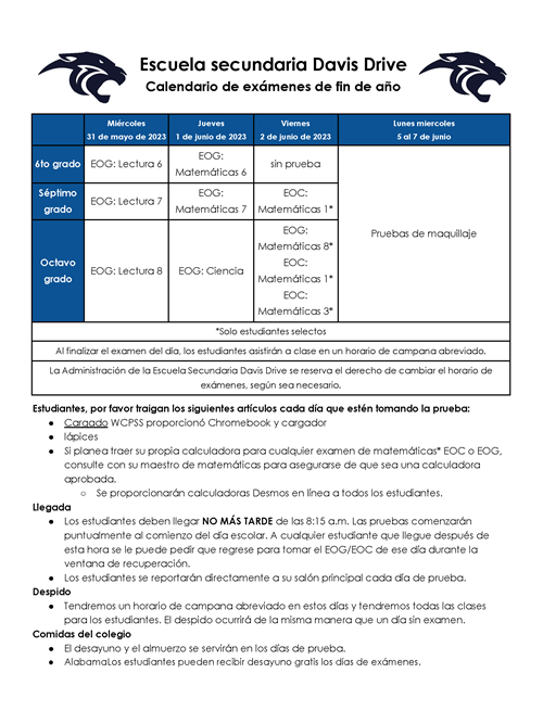 Test Schedule Spanish
